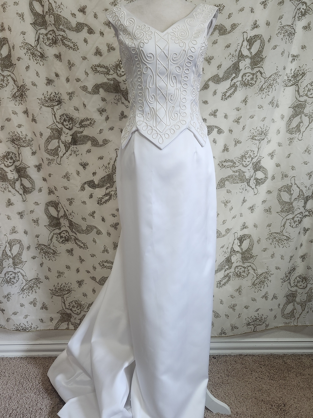 Vintage 90s Jessica McClintock White Satin Wedding Gown with Embroidered Bodice